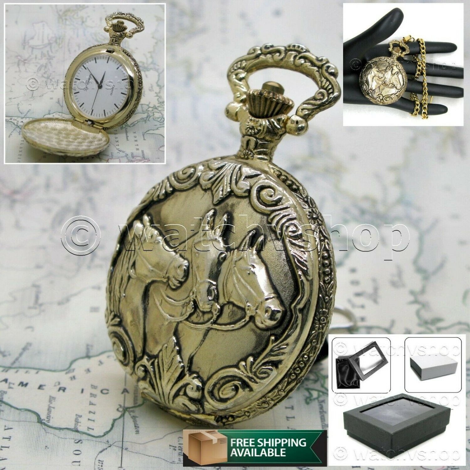 Gold Pocket Watch Horse Design Quartz Watch for Men with Fob Chain P233