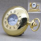 GOLD Tone Pocket Watch Half Hunter with Sun & Moon Disc and Brass Fob Chain 52GR