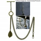Albert Chain Pocket Watch Chain Bronze 2 Ways Vests & Jeans with Leaf Fob T Bar
