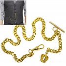Albert Chain Pocket Watch Chain GOLD Tone Crown Design Fob T Bar Swivel Clip 157