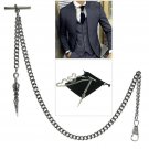 Albert Chain Silver Pocket Watch Chain for Men with Vintage Spear Fob T Bar A124