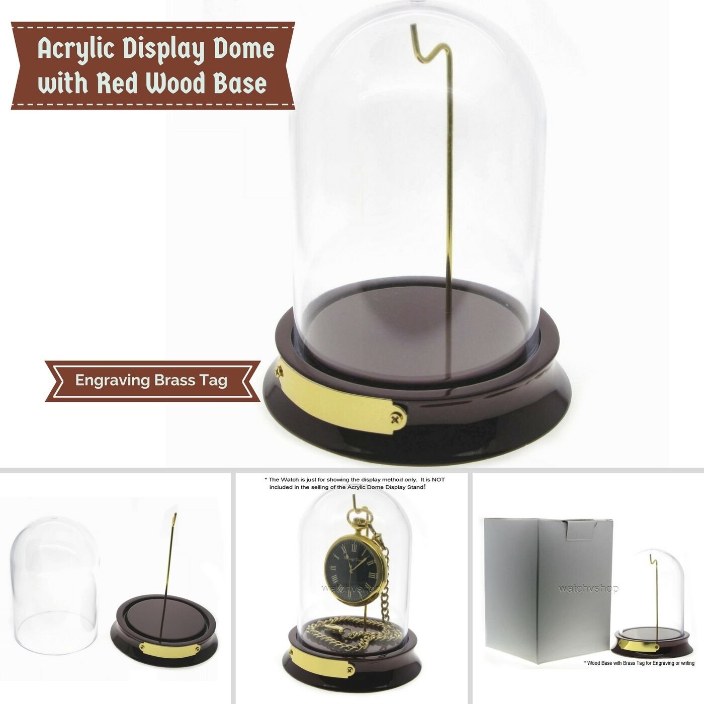 Pocket Watch Display Case Watch Display Stand Red Wood Base Acrylic Dome