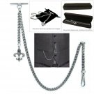 Albert Chain Silver Pocket Watch Chain for Men with Fleur-de-lis Fob T Bar AC49