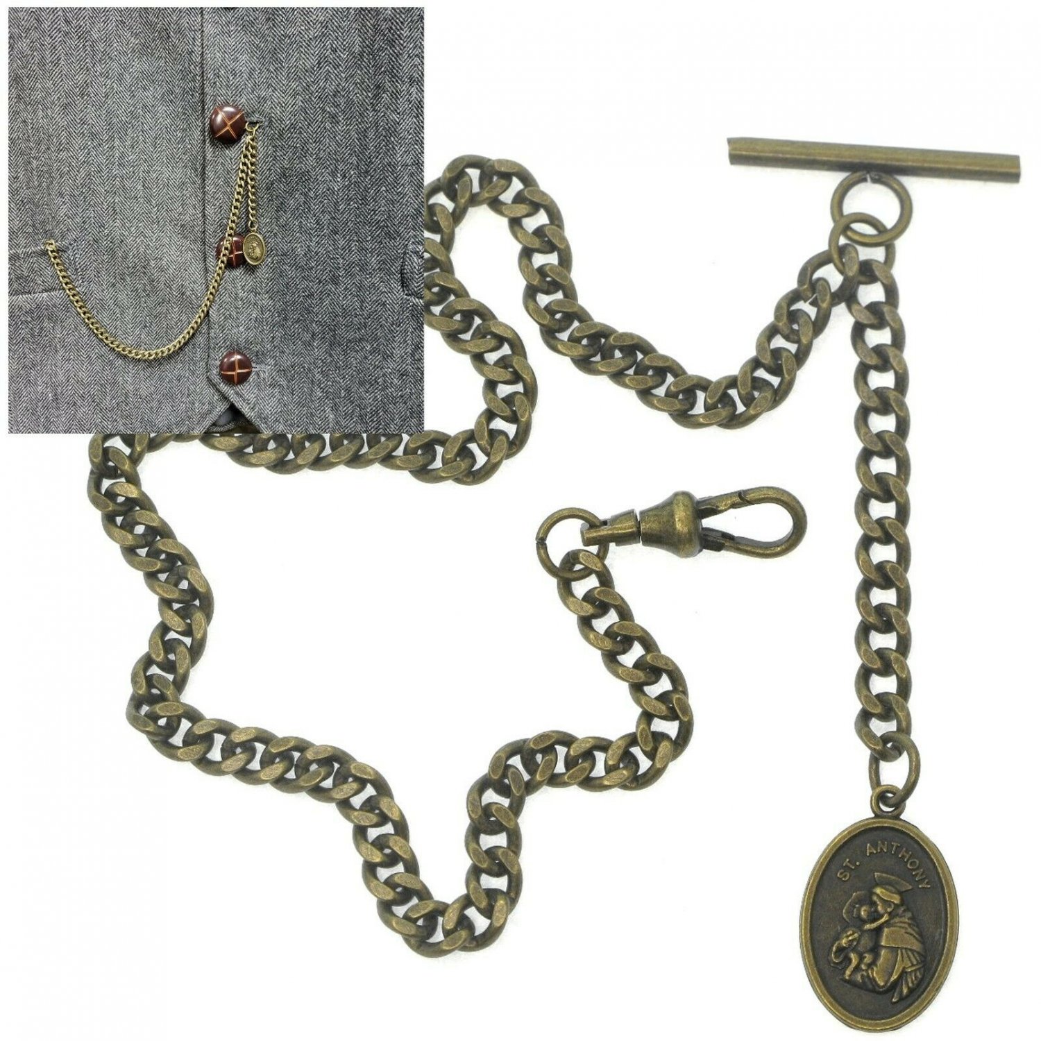 Albert Chain Bronze Pocket Watch Chain Saint Anthony Medal Fob Swivel