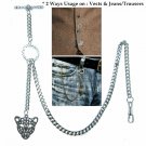 Albert Chain Silver Pocket Watch Chain for Men with Leopard Head Fob T Bar ACT13