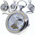 Pocket Watch Mechanical Tourbillon Moon Phase Silver Men Small Second 46 MM 298
