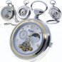 Pocket Watch Mechanical Tourbillon Moon Phase Silver Men Small Second 46 MM 298