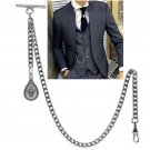 Albert Chain Silver Pocket Watch Chain for Men Fleur-de-lis Medal Fob T Bar 96N