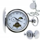 Pocket Watch Mechanical Tourbillon Silver Polish Sun Moon with Chain and Box 42B
