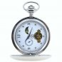 Pocket Watch Mechanical Tourbillon Silver Polish Sun Moon with Chain and Box 42B