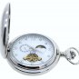Pocket Watch Mechanical Tourbillon Silver Polish Sun Moon with Chain and Box 42B