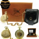 Robin Bird Gold Pocket Watch Gift Set 53 MM Brass Leather Pouch Wood Box C79