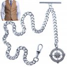 Albert Chain Silver Tone Pocket Watch Chain Compass Style Fob Swivel Clip T Bar