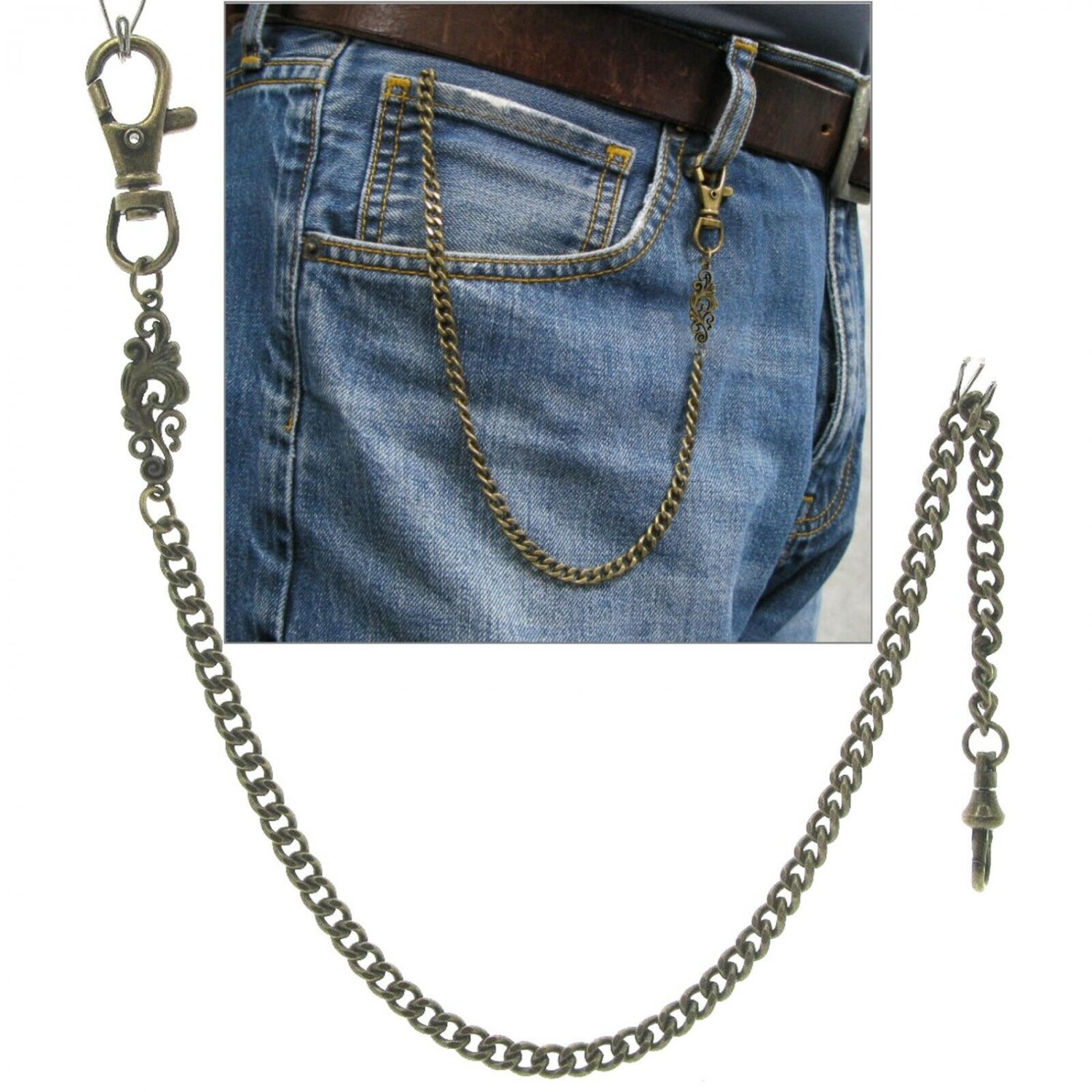 Bronze Pocket Watch Chain Albert Chain Men Classic Pattern Fob Swivel Clasp F182