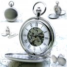 Pocket Watch Mechanical Skeleton Silver Double Hunter Men 50 mm Chain and Box 39 Pocket Watch Mechanical Skeleton Silver Double Hunter Men 50 mm Chain and Box 39