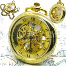 Pocket Watch Mechanical Skeleton Gold Color 43 MM for Men Roman Nrs and Chain 45