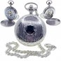 Silver Pocket Watch Mechanical Skeleton Double Hunter Arabic Dial & Fob Chain