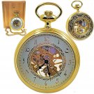 Mechanical Pocket Watch Gold 17 Jewels Skeleton Big 50 mm Men Chain & Box C90
