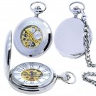 Pocket Watch 17 Jewels Mechanical Skeleton Silver Color Men with Fob Chain P42