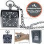 Pocket Watch SQUARE Solid Stainless Steel Case Curve Mineral Len Fob Chain P255