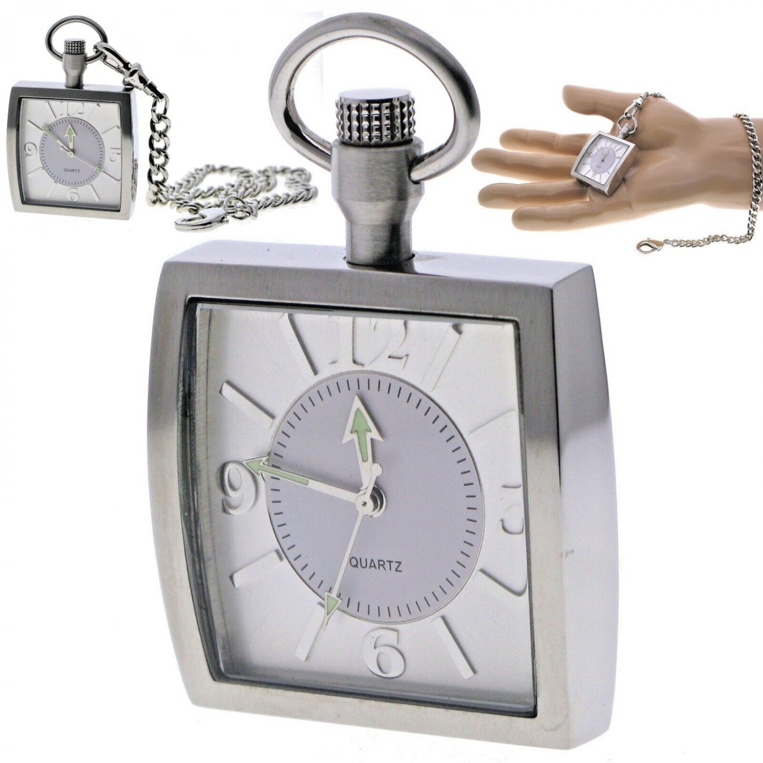 Square Pocket Watch Solid Stainless Steel Case Curve Mineral Len Fob Chain P256