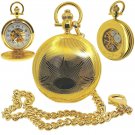 Gold Pocket Watch Mechanical Skeleton Full Hunter Arabic Dial on Fob Chain 47 MM