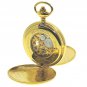 Gold Pocket Watch Mechanical Skeleton Double Hunter Roman Dial & Fob Chain 47 MM