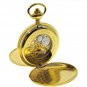 Gold Pocket Watch Mechanical Skeleton Double Hunter Roman Dial & Fob Chain 47 MM