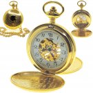 Gold Pocket Watch Mechanical Skeleton Double Hunter Arabic Dial Fob Chain 47 MM