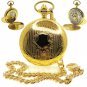 Gold Pocket Watch Mechanical Skeleton Double Hunter Arabic Dial Fob Chain 47 MM