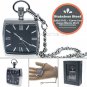 Square Silver Color Pocket Watch Solid Stainless Steel Case Curve Mineral Len Fob Chain P252