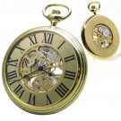 Mechanical Pocket Watch Gold 17 Jewels Skeleton Big 50 mm Men Chain & Box P249A