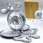 Silver Plated Mechanical Double Hunter Pocket Watch for Men with Fob Chain C24
