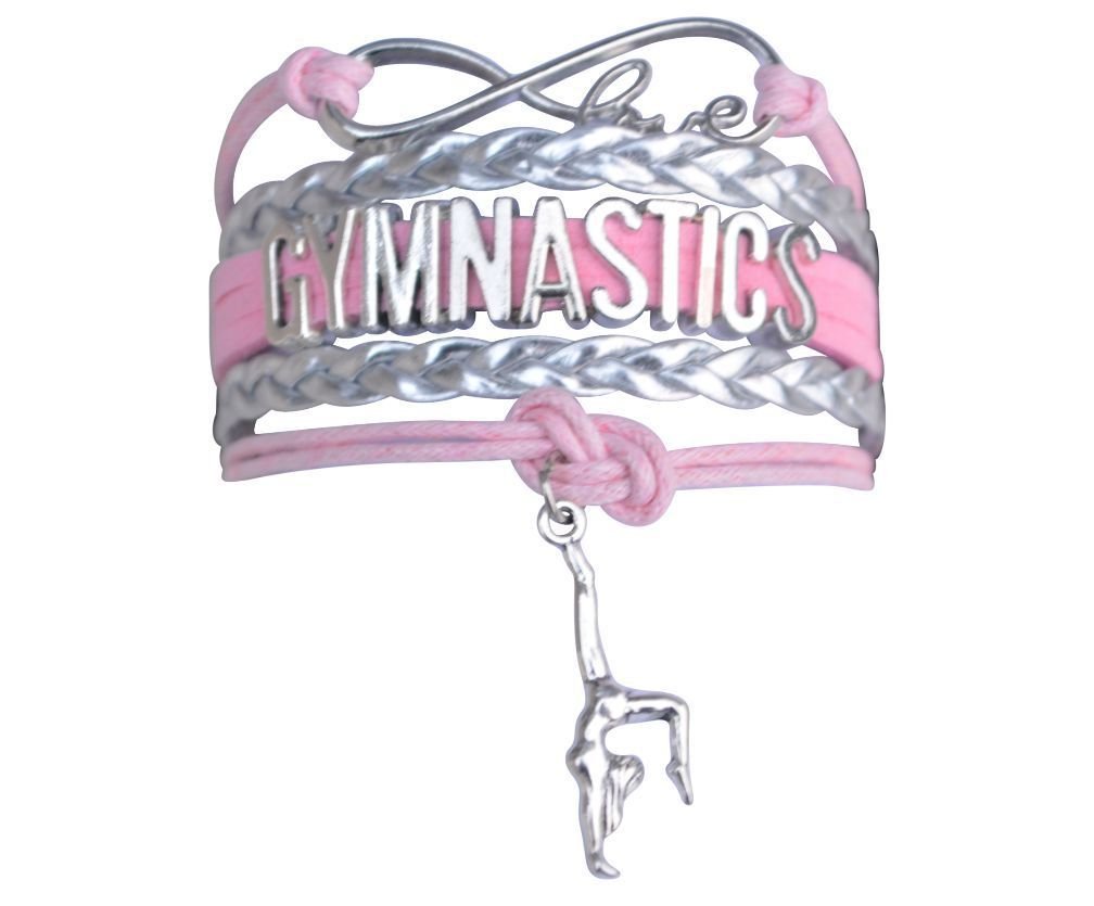 GYMNASTICS LEATHER CHARM BRACELET SILVER-SPORTS-ADJUSTABLE PINK-SILVER