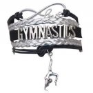 GYMNASTICS LEATHER CHARM BRACELET SILVER-SPORTS-ADJUSTABLE -BLACK-SILVER