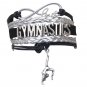 GYMNASTICS LEATHER CHARM BRACELET SILVER-SPORTS-ADJUSTABLE -BLACK-SILVER