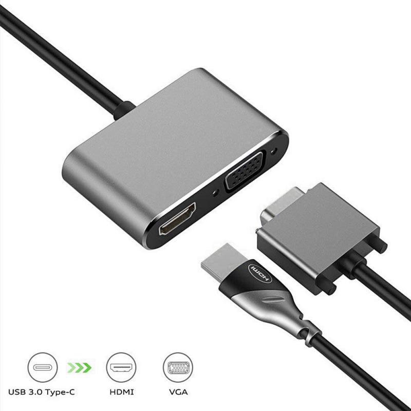 4-in-1 Multifunctional Docking Station USB-C to HDMI+VGA Charging Ports Compatible Adapter Hub gray