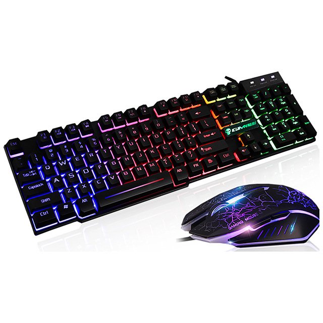 T6 Rainbow LED Backlit USB Wired Gaming Keyboard + Mouse and Mouse Pad (black)
