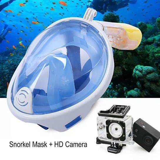 Full Face Snorkel Mask + HD 1080P Action Sports Camera (Turquoise)