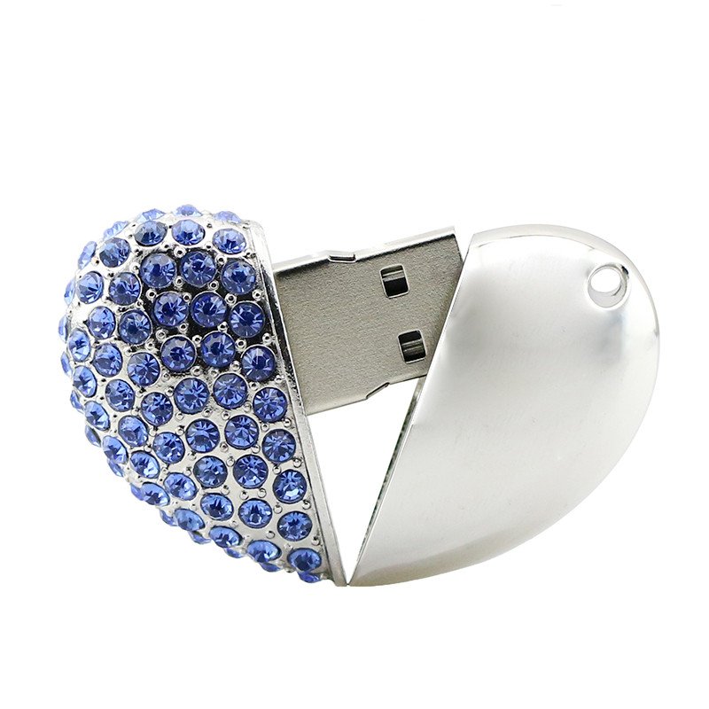 USB 2.0 Metal Heart Shape Blue Diamond Keepsake U Disk-64GB