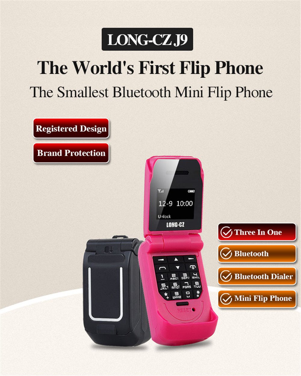 Long-CZ J9 Mini-Flip phone Predator-Free Cell phone 0.66-inch OLED screen, FM Radio(Black)