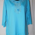 Quacker Factory Teal Blue Cotton 3/4 Sleeve Knit Embellished Top Size: XS