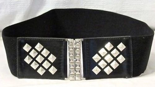 Black Women's Silver-Studded Elastic Cinch Belt With Interlocking Closure