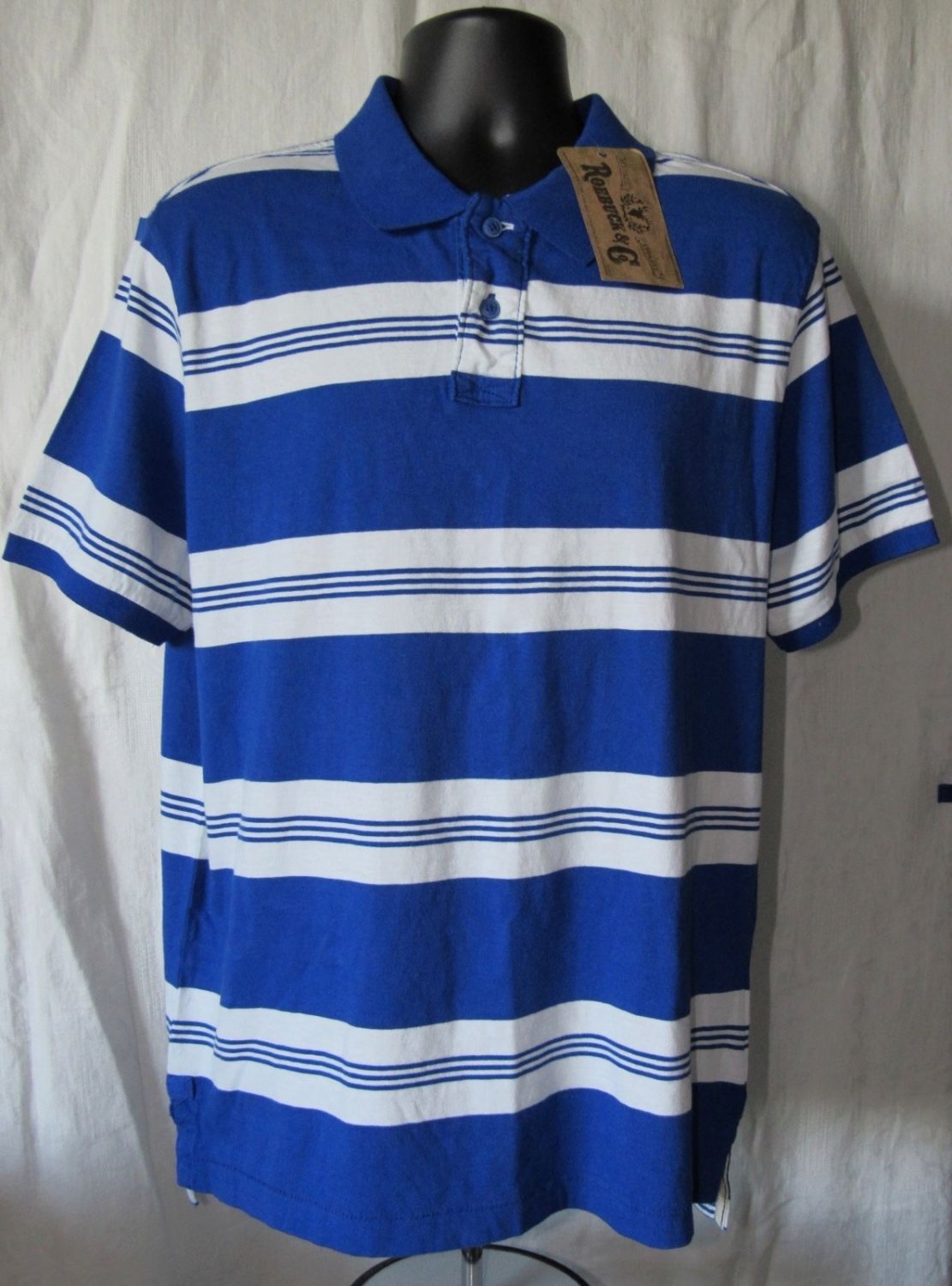 Roebuck & Co. Young Men's Polo Shirt Blue/White Striped Size: L (41/43)