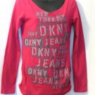 DKNY Jeans Donna Karan Fuchsia Logo Graphic V-neck Long Sleeve Knit Top Cotton M