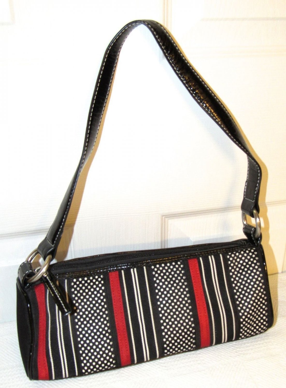 Talbots Black/Red/White Polka Dot Grosgrain Ribbon Baguette Leather/Canvas Bag