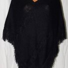 V-Christine Black Cable Knit Fringe Poncho Sweater One size