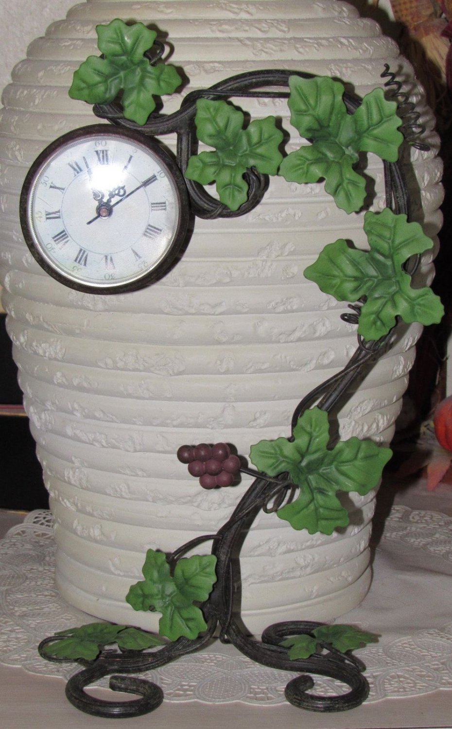 Metal Grape Leaf & Vine Desk or Table Clock, Antiqued Patina, Hand Rubbed Finish