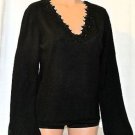 Inc International Concepts Black Long Sleeve Floral Applique V-Neck Sweater PL