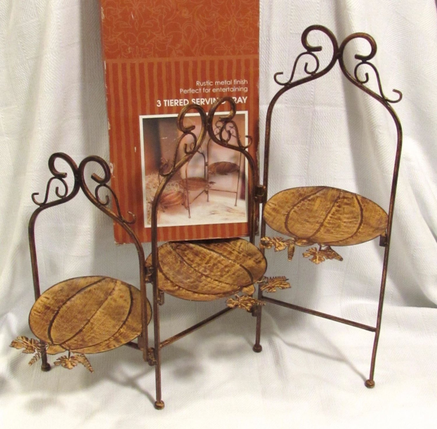 Kirkland's Rustic Brown Wrought Iron/Metal 3 Tier Serving Tray Floral Pattern
